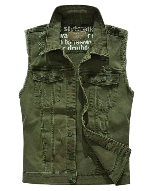 ebossy Mens Ripped Distressed Denim Vest Sleeveless Button Up Jean Vest Jacket (Small Army Green)