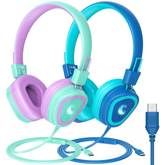 2 Packs Kids USB C Headphones for School 2024 Upgrade Kids Headphone with LED Light Wired Boys Girls Headphones with Safe Limiter 85dB/95dB Foldable Over Ear Headphones for School/Travel