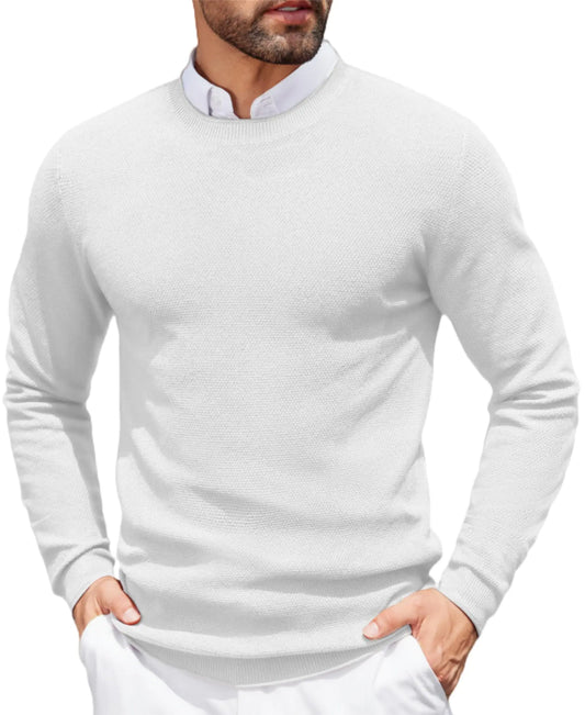 COOFANDY Men Crew Neck Knitted Sweaters Classic Long Sleeves Dressy Sweater Light Stretchy Fitted Pullover White