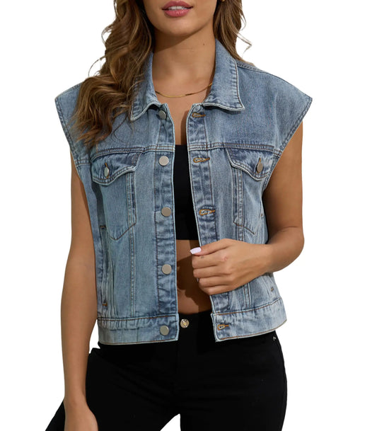 ETOSELL Womens Denim Jean Vest Classic Jean Vest Sleeveless Jackets with Pockets Button Down Jean Waistcoat Gilet