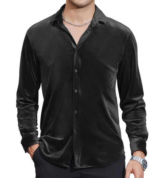 Damipow Mens Luxurious Velvet Dress Shirts Long Sleeve Casual Button Down Shirt for Wedding PartyBlack2XL