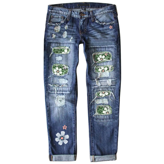 Plaid Patch Ripped Jean for Women Skinny Distressed Denim Pants Vintage Mid Waisted Trendy Jean Pants
