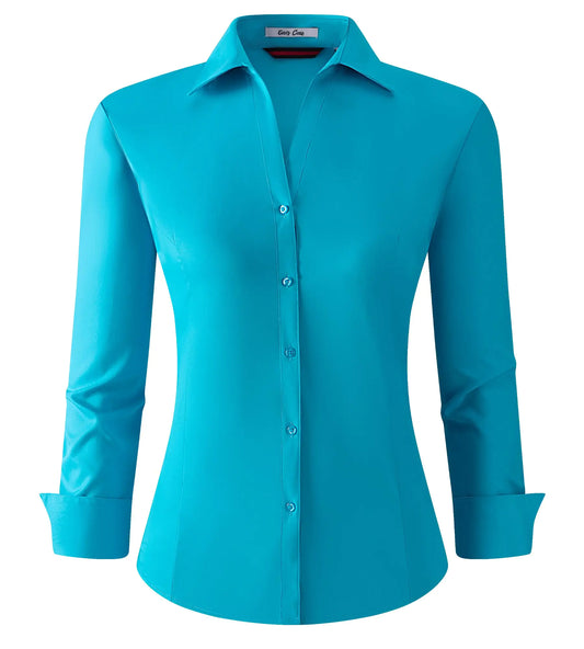 Damipow Womens Dress Shirts Wrinkle Free Button Down Shirt Long Sleeve Blouses for Work ProfessionalTurquoise2XL